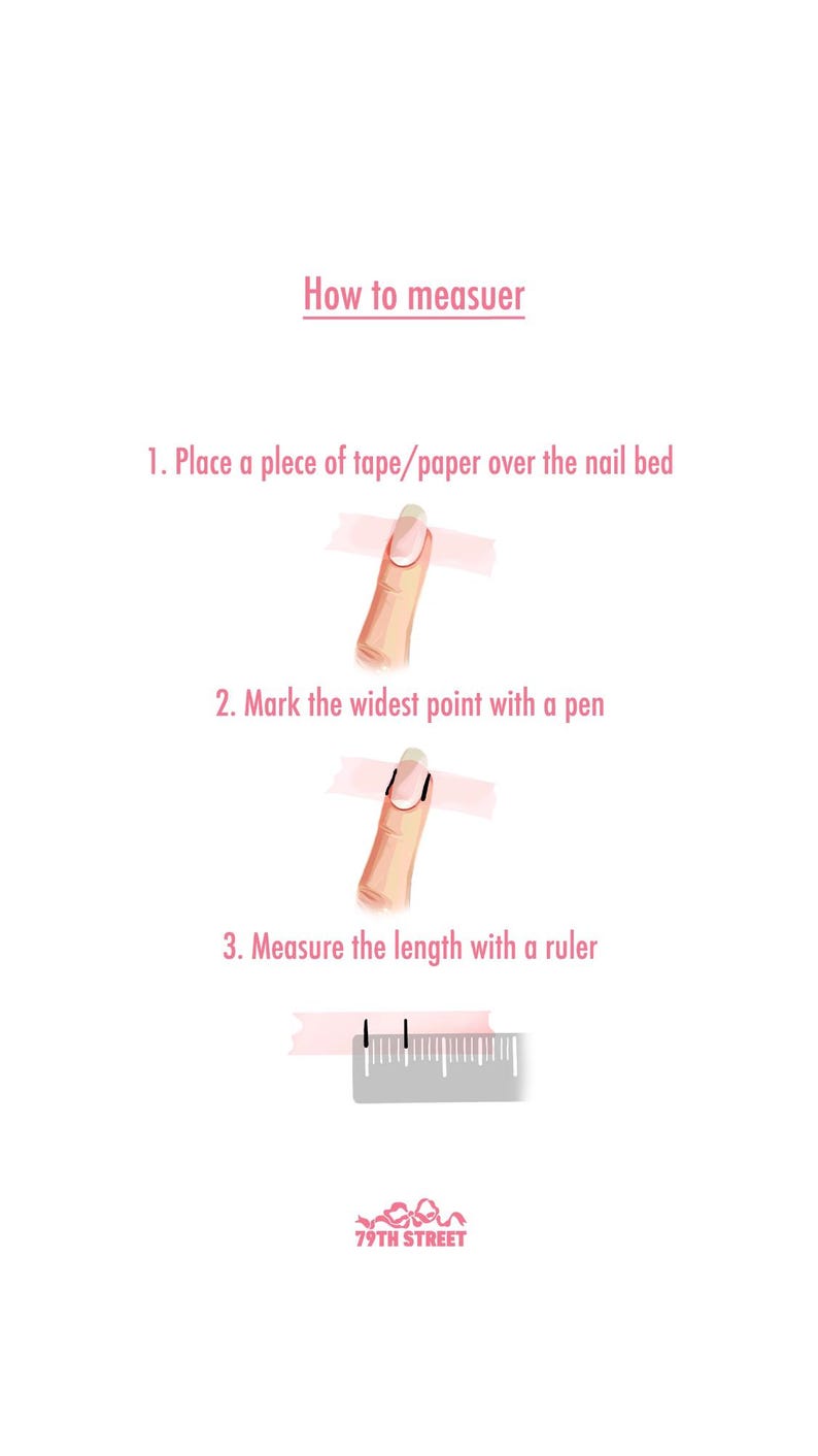 Instructions for measuring nail width with a ruler on a white background
