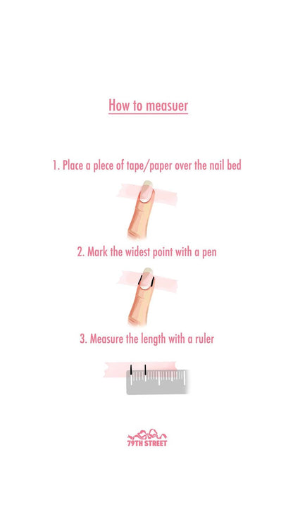 Instructions for measuring nail width with a ruler on a white background