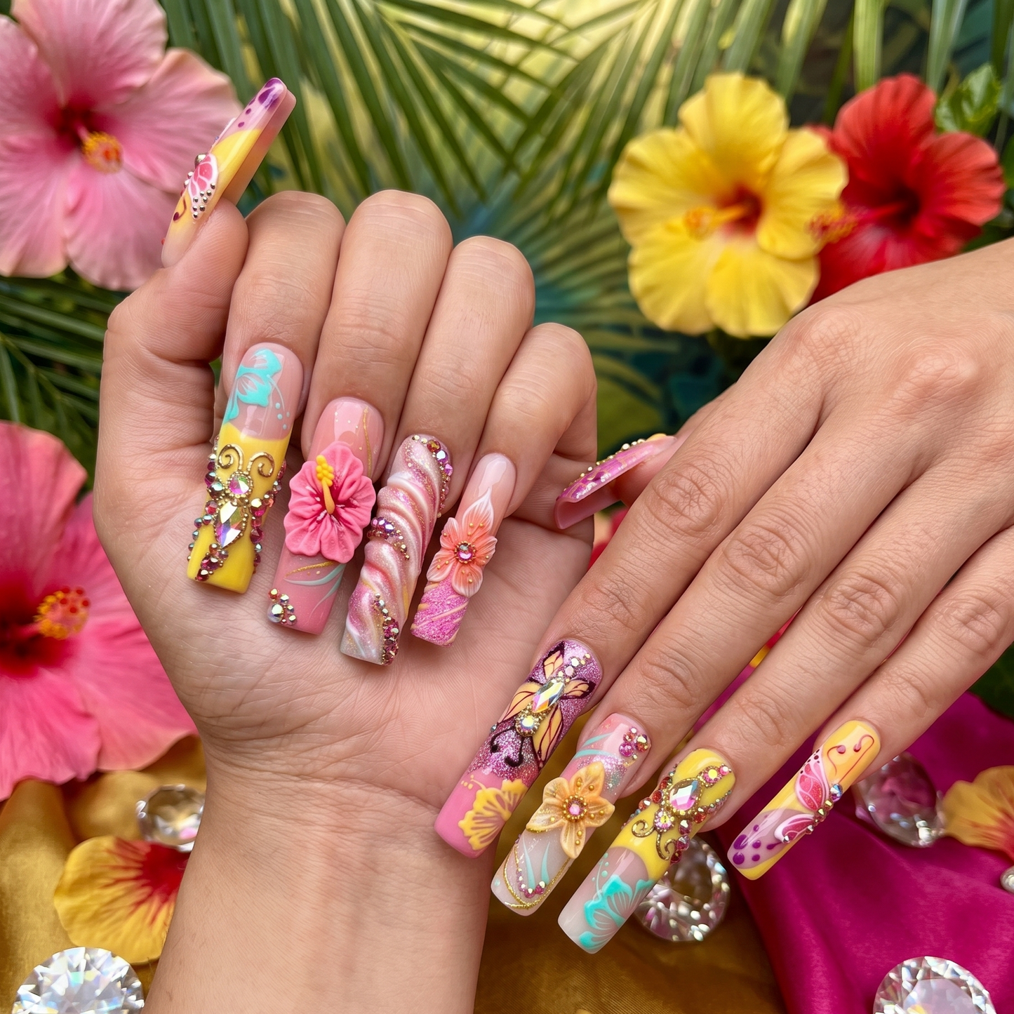 Vibrant extra-long square press-on nails featuring hand-sculpted 3D hibiscus flowers, butterfly motifs, and crystal accents by JRNAIL.