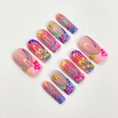 Reusable medium square press on nails with tropical boho design, gold accents, and vibrant gradient for women