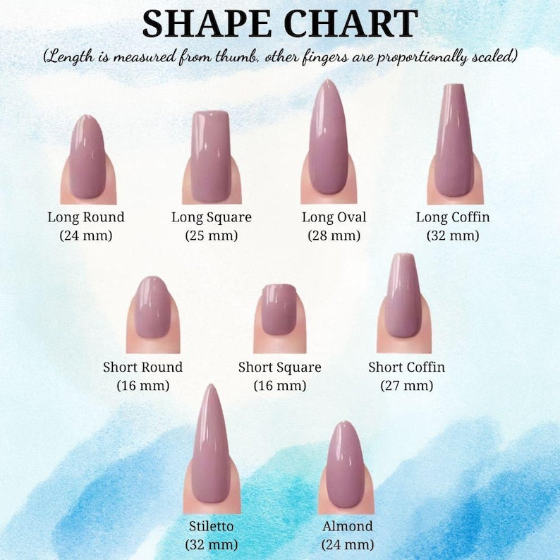 Nail shape chart with various nail shapes and measurements on a light blue background.
