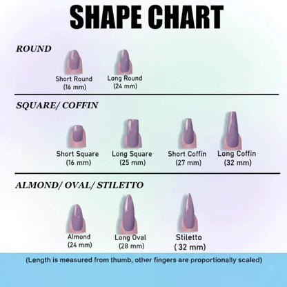 Nail shape chart with various nail shapes and measurements on a light blue background