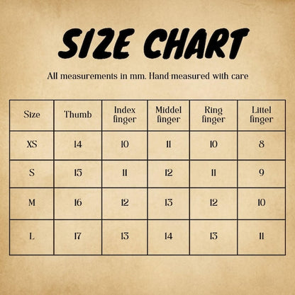 Size chart for finger measurements on a brown background
