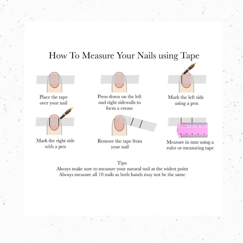 Step-by-step guide on how to measure nails using tape on a white background