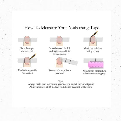 Step-by-step guide on how to measure nails using tape on a white background
