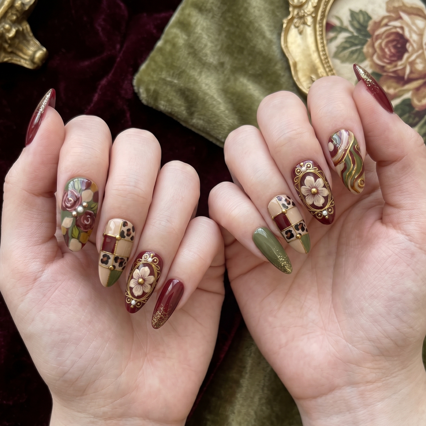 Luxurious vintage-inspired baroque press-on nails featuring hand-painted roses, leopard print, and gold filigree accents by JRNAIL