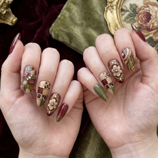 Luxurious vintage-inspired baroque press-on nails featuring hand-painted roses, leopard print, and gold filigree accents by JRNAIL