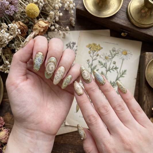 Vintage baroque press on nails with gold embossed floral design