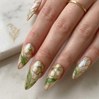 Premium handcrafted gel press-on nails by JRNAIL featuring a romantic botanical glassware style, textured 3D floral details, and clear ice-cracked texture overlays.