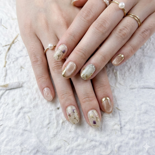 A premium set of handmade press-on nails featuring elegant hand-painted vintage flowers, glossy magnetic cat eye effects, and 3D metallic gold detailing on a clean white background.
