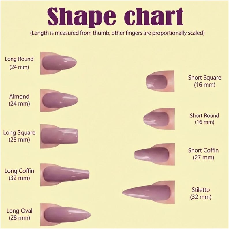 Nail shape chart with various nail shapes and measurements on a beige background