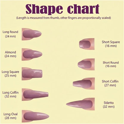 Nail shape chart with various nail shapes and measurements on a beige background