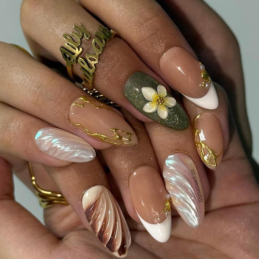Tropical 3D flower fake nails with sage green marble, gold accents, and iridescent shell design