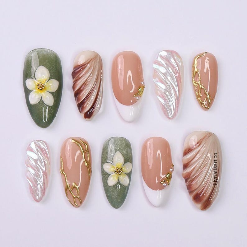 Reusable medium almond press on nails with plumeria, kintsugi, and iridescent shell details