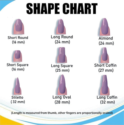 Nail shape chart with various nail shapes and measurements