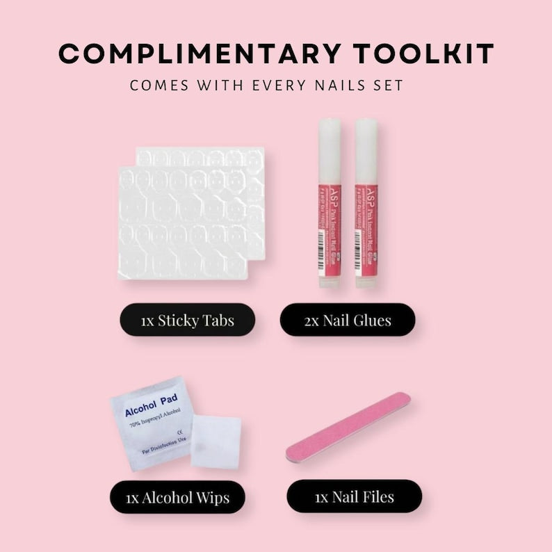 Complimentary toolkit with sticky tabs, nail glues, alcohol pad, alcohol wipes, and nail files on a pink background.