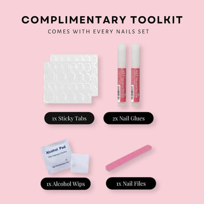Complimentary toolkit with sticky tabs, nail glues, alcohol pad, alcohol wipes, and nail files on a pink background.