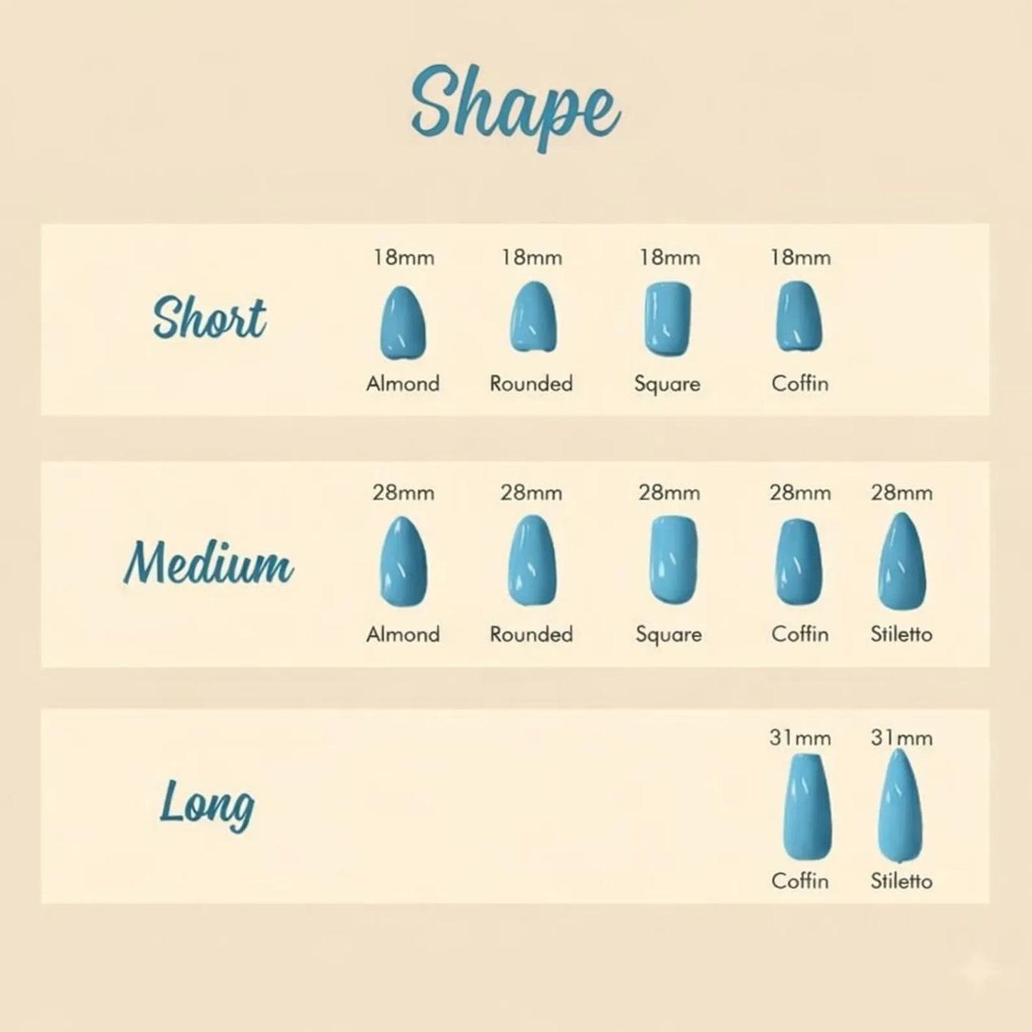 Chart showing different nail shapes and sizes on a beige background