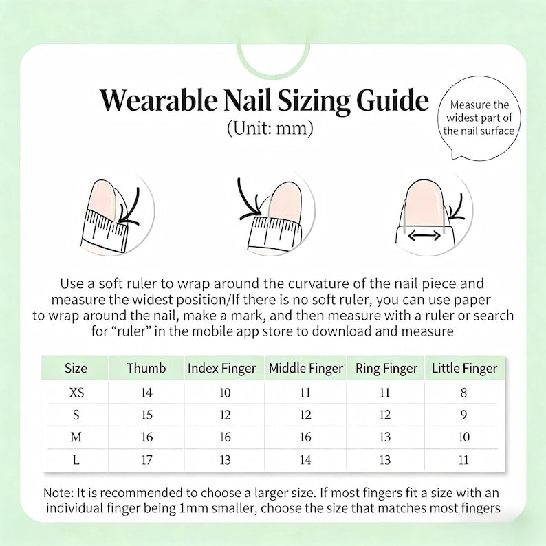 Wearable nail sizing guide with measurements on a light green background