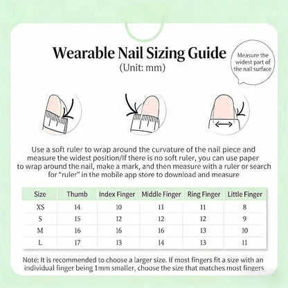 Wearable nail sizing guide with measurements on a light green background