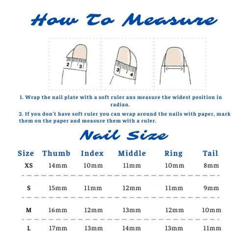 Nail size measurement chart with illustrations and instructions on how to measure nails.