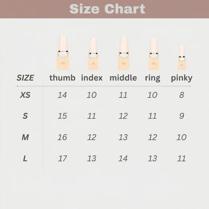 Size chart for nails with measurements in millimeters, branded 'D&A Nails'.