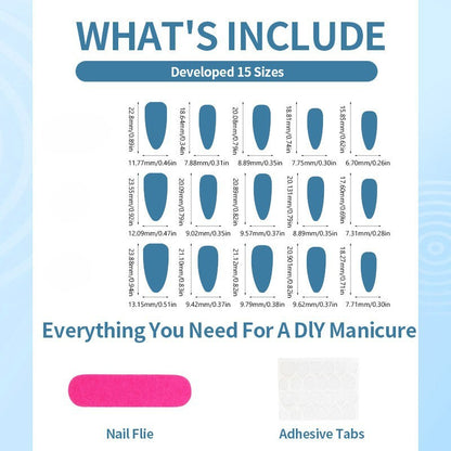 A product information graphic for a DIY manicure kit, showing included nail flie sizes ranging from small to large, with text reading 'WHAT'S INCLUDE', 'Developed 15 Sizes', and 'Everything You Need For A DIY Manicure'. A pink oval representing adhesive tabs appears at the bottom.