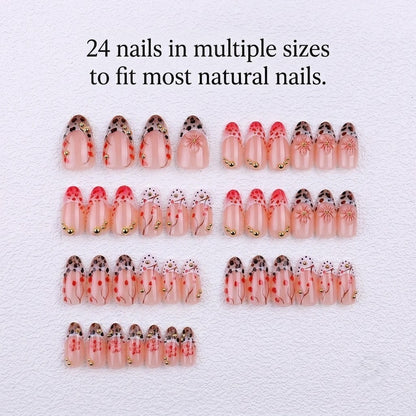 A square flat lay image showcasing the complete 24-piece almond press-on nail kit from JRNAIL, neatly arranged by size rows on a white textured background. Clear English text at the top reads: '24 nails in multiple sizes to fit most natural nails.' The diverse mix of floral and leopard patterns is fully visible.