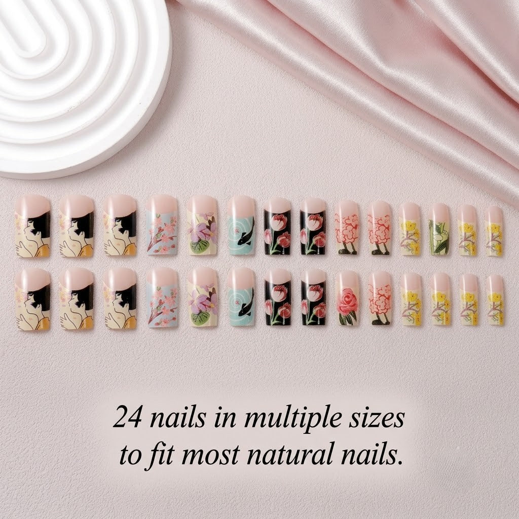 A perfectly organized overhead square layout of the full 24-piece JRNAIL press-on nail set in a medium square shape. The varied patterns of geisha art, koi fish, tulips, and florals are displayed in neat rows next to pink satin silk. Text at the bottom reads: '24 nails in multiple sizes to fit most natural nails.