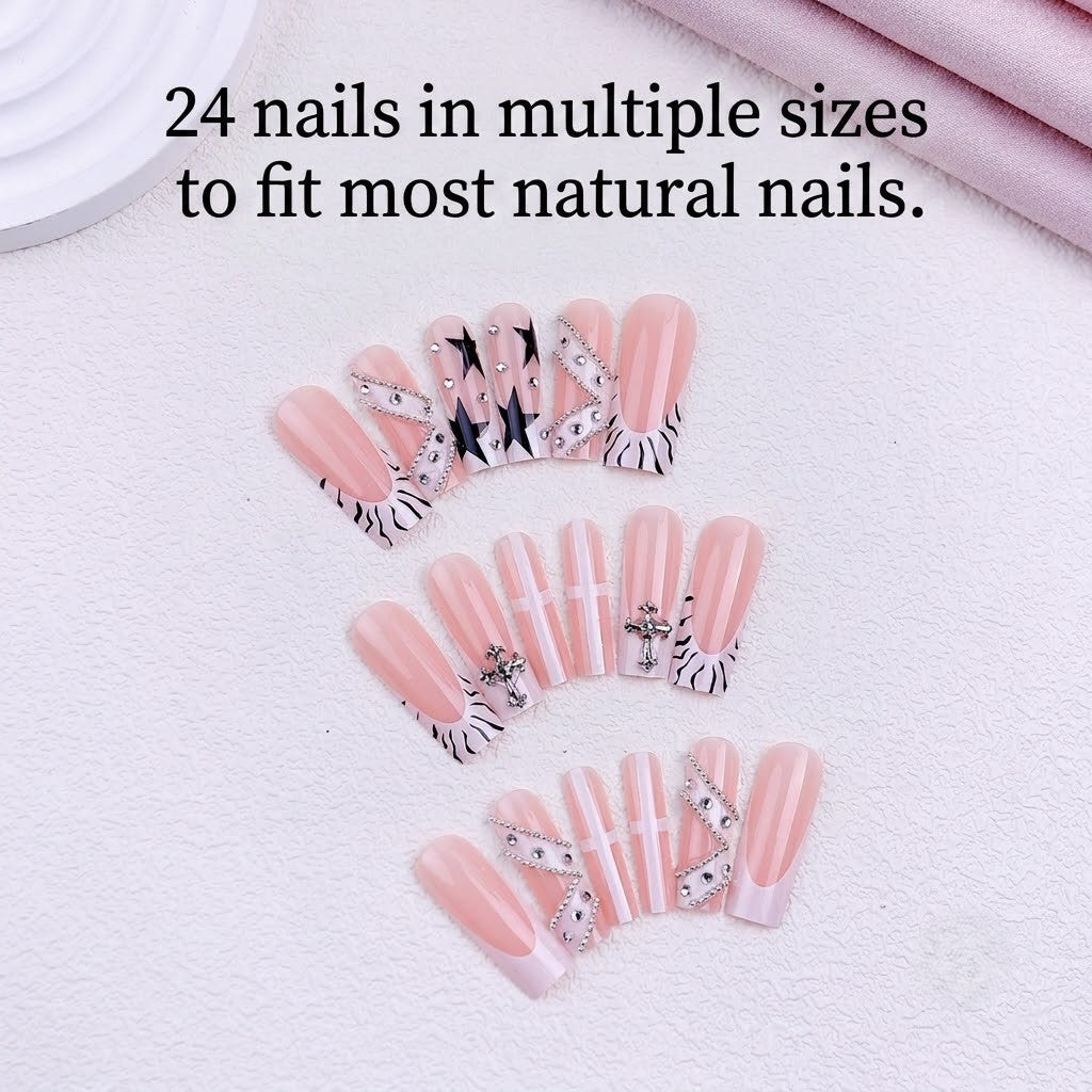 24 pieces of JRNAIL long coffin reusable artificial nails lined up symmetrically, displaying intricate 3D silver cross charms, star designs, and trendy abstract line art.