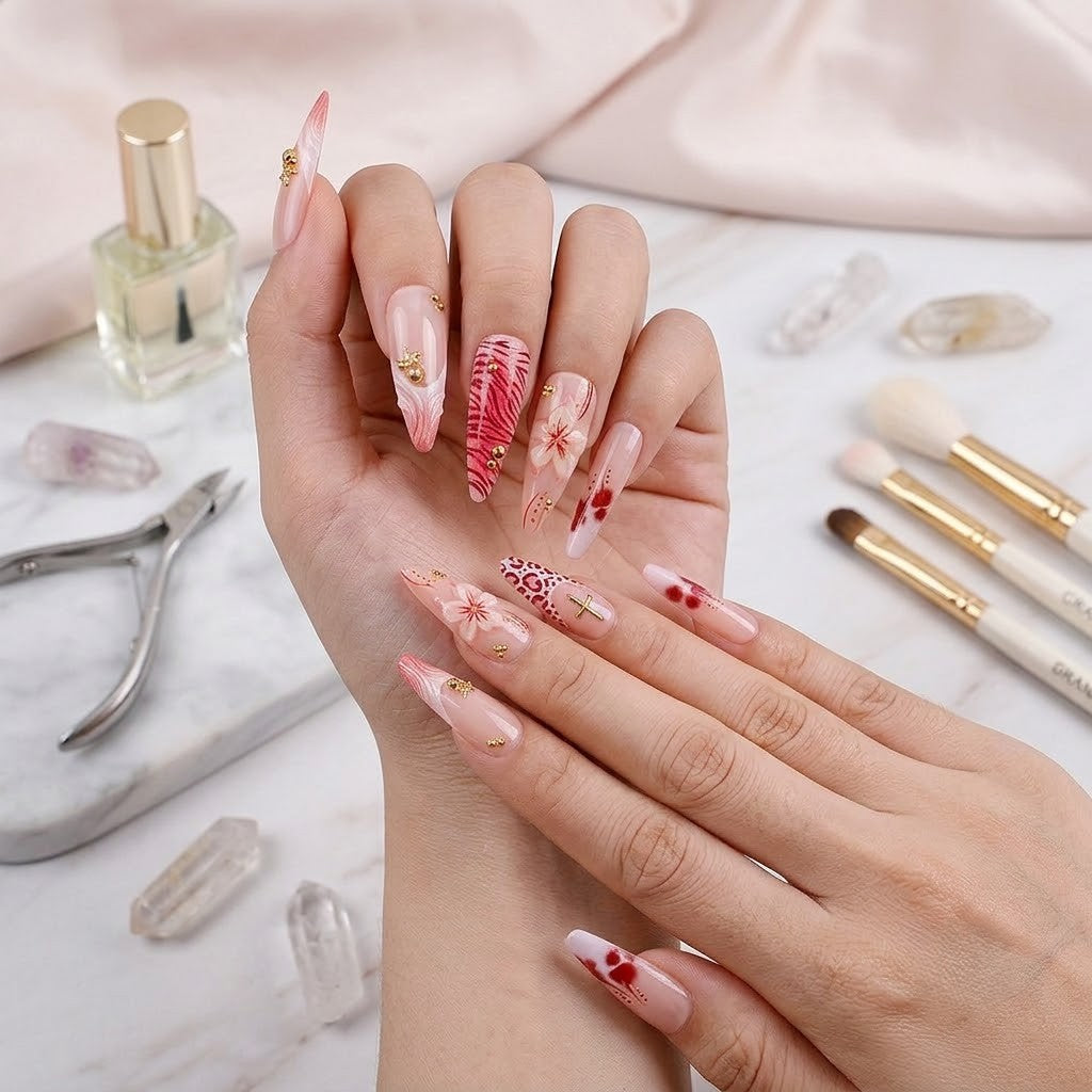 An organized layout of luxury stiletto fake nails by JRNAIL displaying tropical floral patterns, vibrant animal prints, and gold metallic charms on a white textured surface with pink satin.