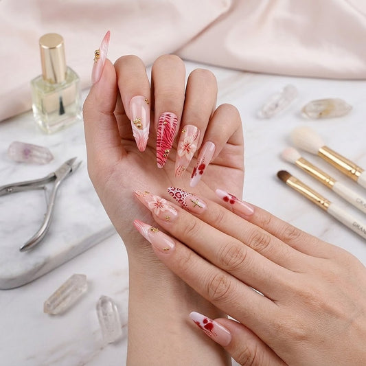 An organized layout of luxury stiletto fake nails by JRNAIL displaying tropical floral patterns, vibrant animal prints, and gold metallic charms on a white textured surface with pink satin.