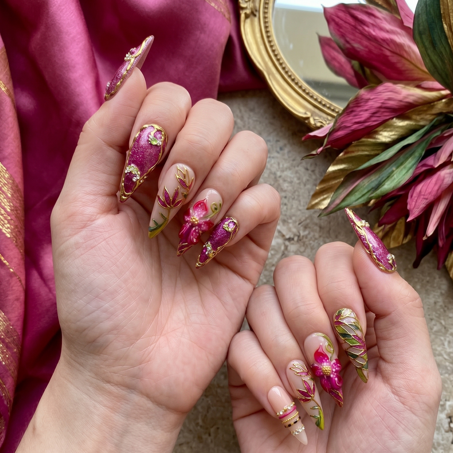 Hand model showcasing JRNAIL's magenta floral press-on nails with 3D hibiscus petals and gold leaf detailing against a rich pink satin background.