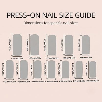 Press-on nail size guide showing dimensions for different nail shapes and sizes in centimeters and inches, with labeled nail silhouettes on a pale pink background.