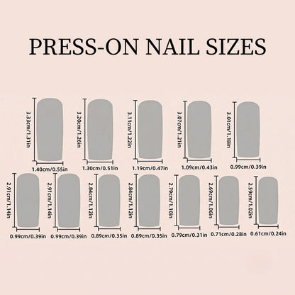An infographic chart titled Press-On Nail Sizes showing millimeter and inch measurements for individual coffin-shaped fake nails on a light pink background.