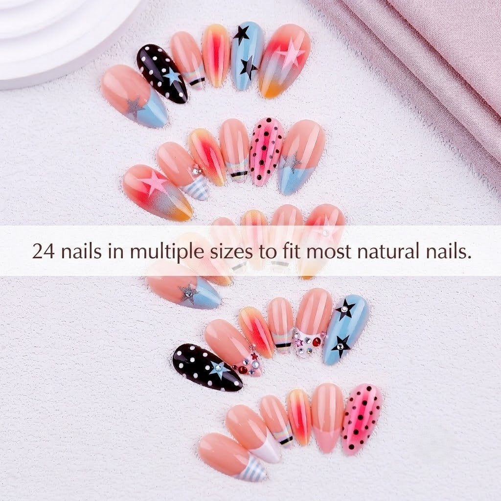 24 pieces of reusable stiletto fake nails in multiple sizes layout symmetrically, showing playful Y2K pastel colors, retro patterns, and 3D crystal embellishments.