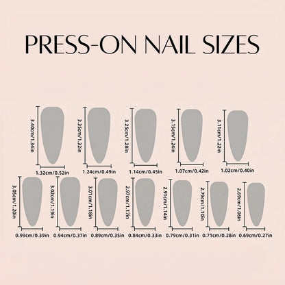 A detailed size chart titled Press-On Nail Sizes showing width and length measurements in centimeters and inches for individual stiletto-shaped fake nails.