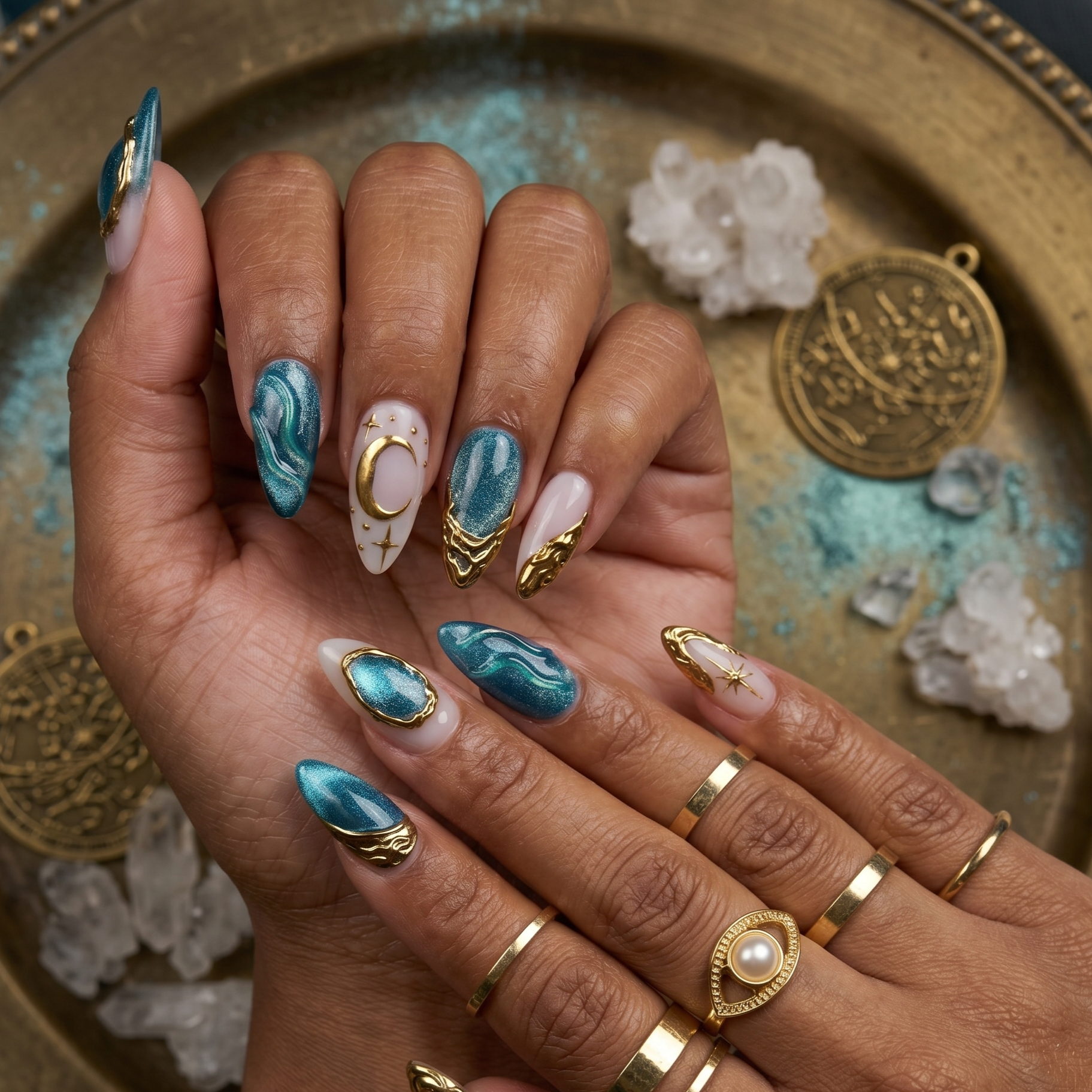 Hand model showcasing JRNAIL's teal cat eye press-on nails with 3D molten gold crescent moon and starburst designs over a vintage brass tray.