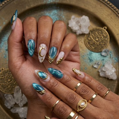 Hand model showcasing JRNAIL's teal cat eye press-on nails with 3D molten gold crescent moon and starburst designs over a vintage brass tray.
