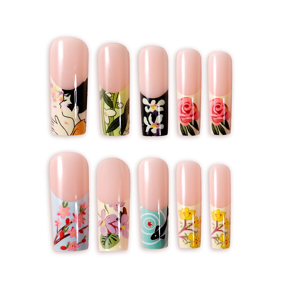 An arranged overhead view of 10 individual medium square press-on nails from JRNAIL, showcasing the complete pattern collection on single nail pieces. The set features diverse designs, including a traditional geisha portrait, cherry blossoms, a lotus, a red koi fish, tulips, and red peonies against a pale pink backdrop.