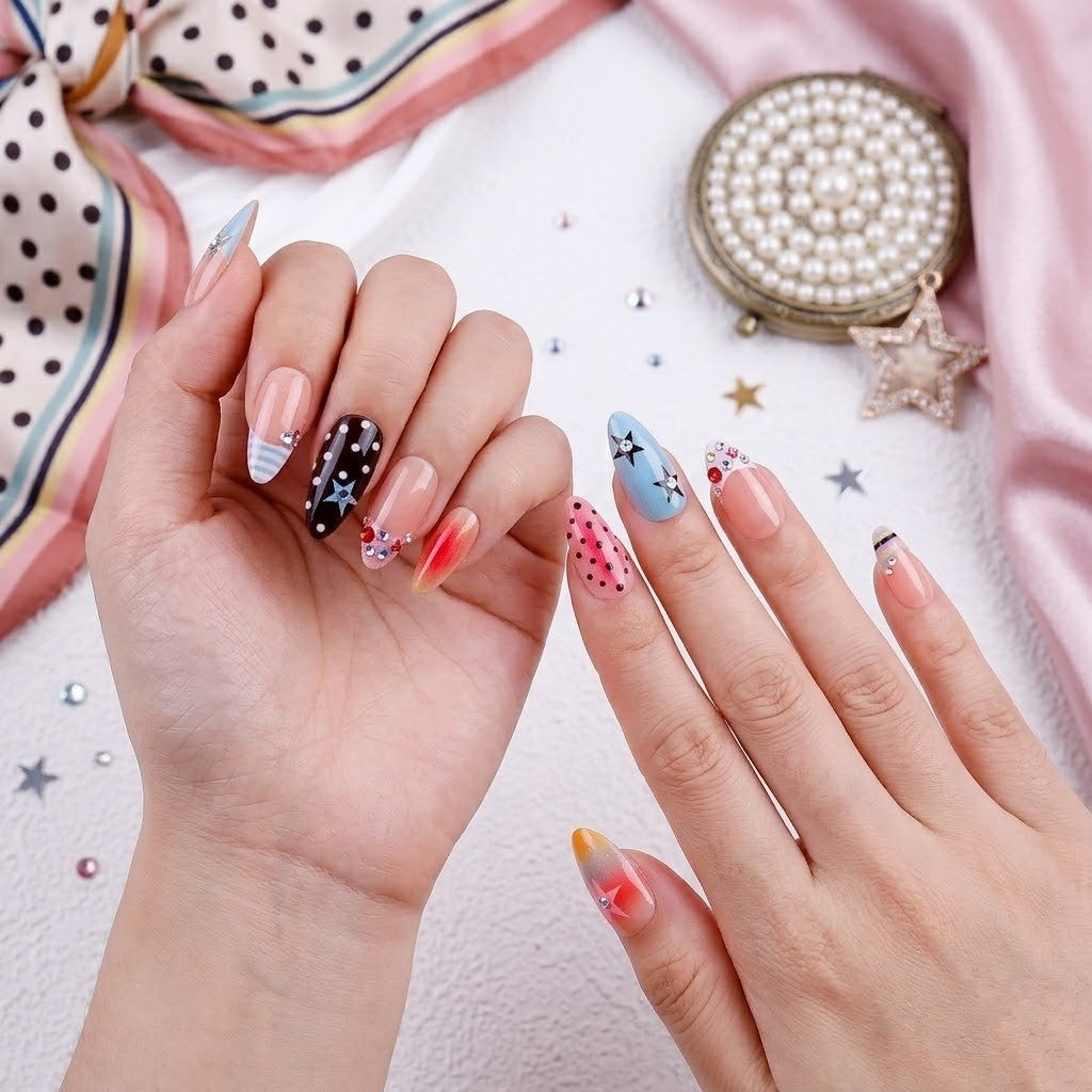 Trendy salon-quality artificial nails by JRNAIL featuring hand-painted style retro starbursts, pink polka dots, and blue ombre tips laid out on a clean white surface with pink silk cloth.