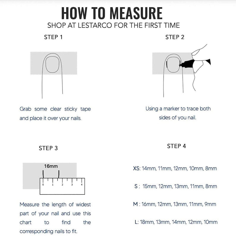 Instructions on how to measure nails using a chart and measurements.