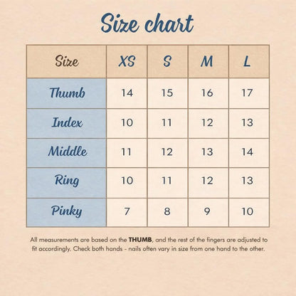 Size chart for fingers with measurements on a beige background