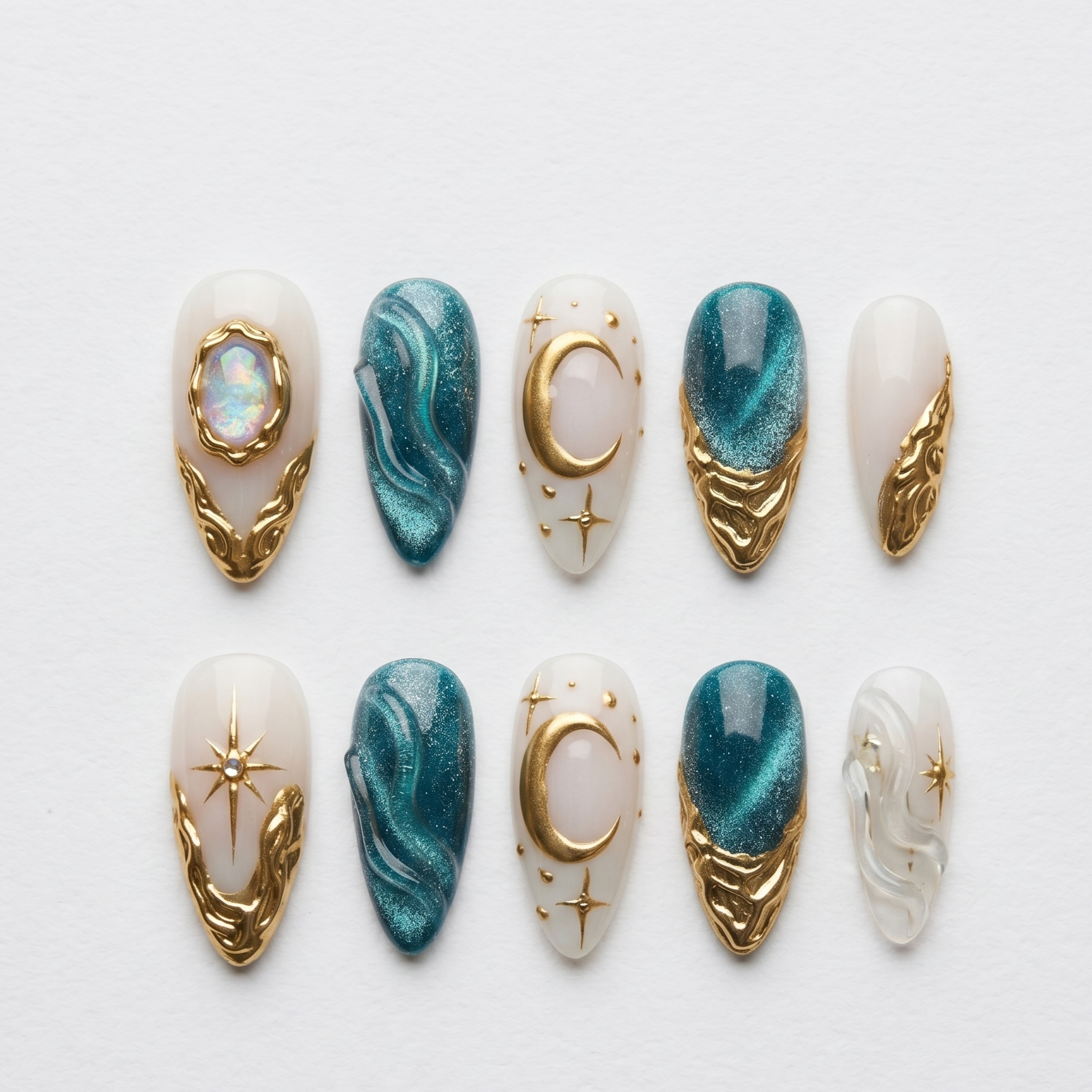 A close-up of a luxury witchy manicure featuring magnetic teal gel fake nails and gold foil accents, accessorized with chunky gold rings.