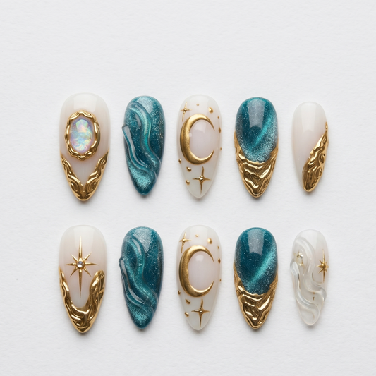 A close-up of a luxury witchy manicure featuring magnetic teal gel fake nails and gold foil accents, accessorized with chunky gold rings.