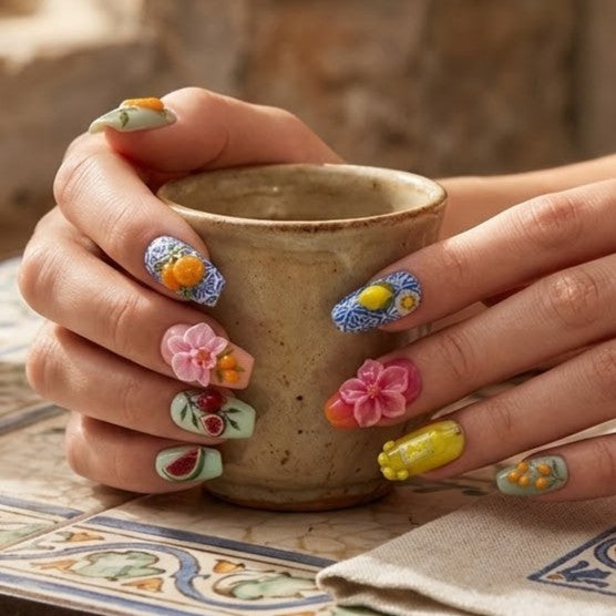 Handcrafted luxury press-on nails featuring blue and white Italian tile patterns with 3D embossed lemon and orange charms at JRNAIL shop.
