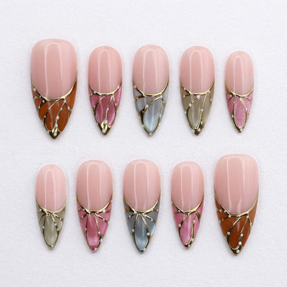 Multicolor stiletto fake nails with intricate hand-painted butterfly wing patterns in orange, pink, grey, and green.