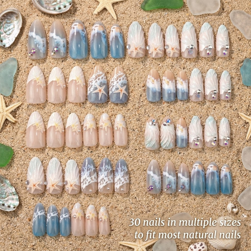 A 30-piece set of ocean-themed press-on nails from JRNAIL featuring 3D seashell texture, starfish charms, and blue wave nail art spread neatly on a neutral background.