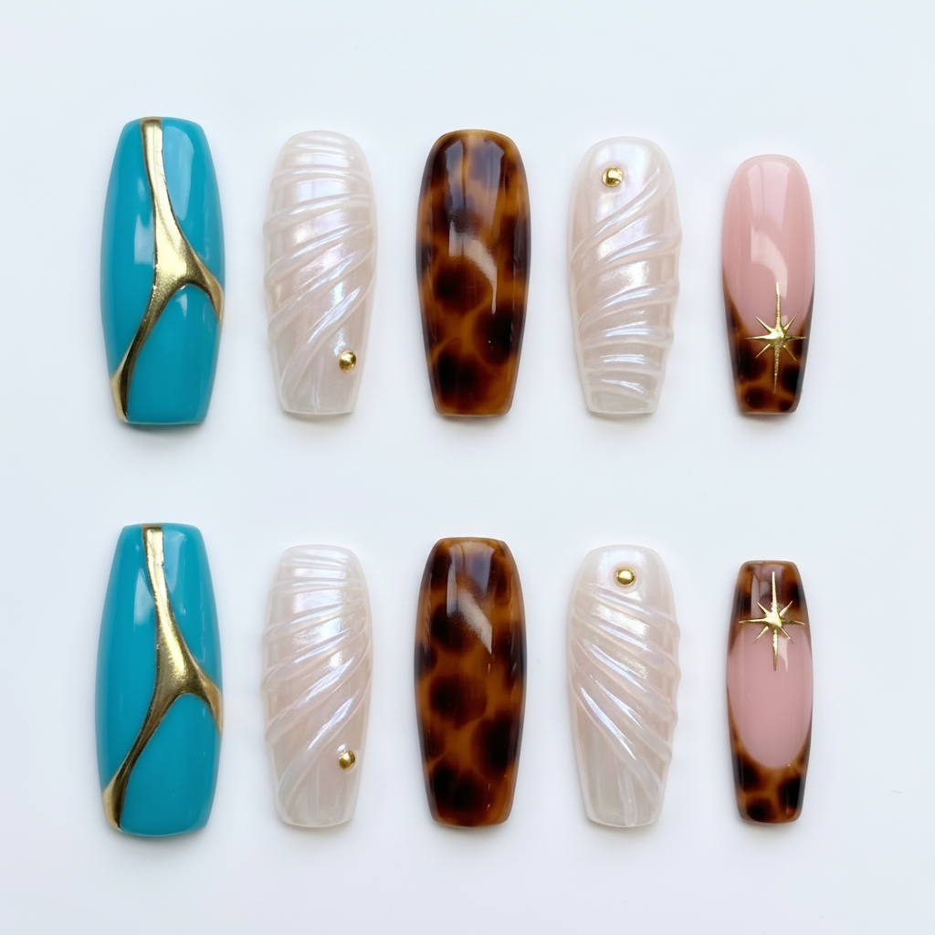 Iridescent pearl swirl shell texture coffin press-on nails with gold bead accent