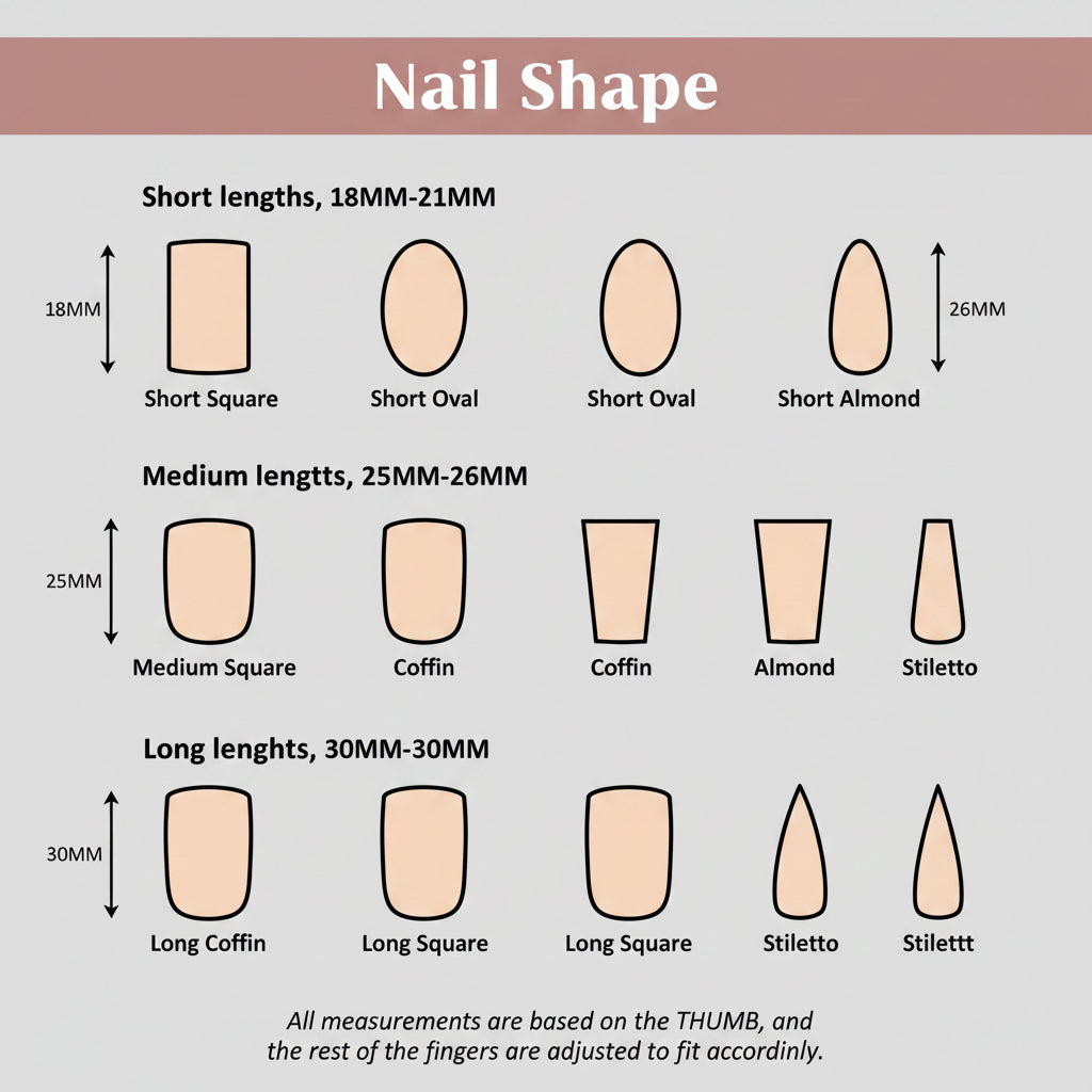 Chart showing various nail shapes with measurements and a brand logo at the top right corner.
